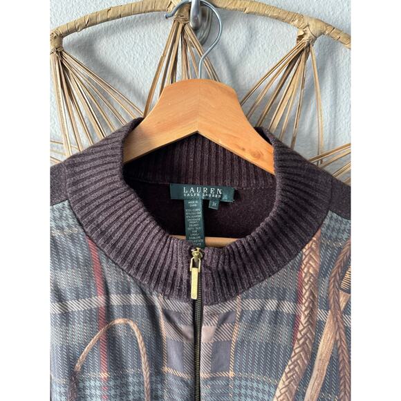 Vtg Ralph Lauren Brown Cashmere Silk Zip Cardigan Sweater Equestrian Plaid 3X - Picture 6 of 12